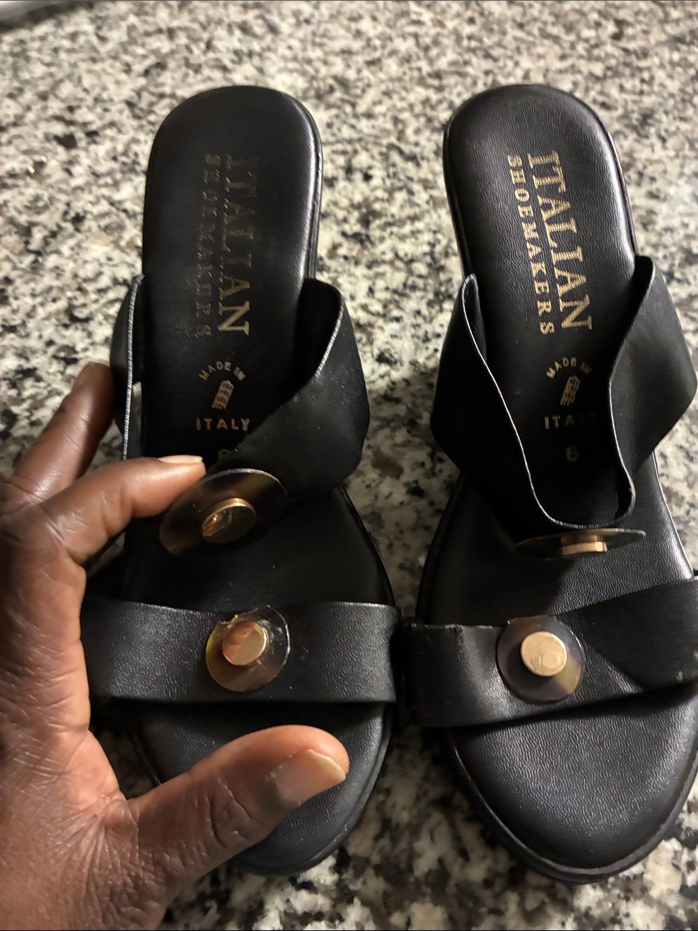 Italian Shoemakers Black Leather Slide Mules with Gold-Tone Discs